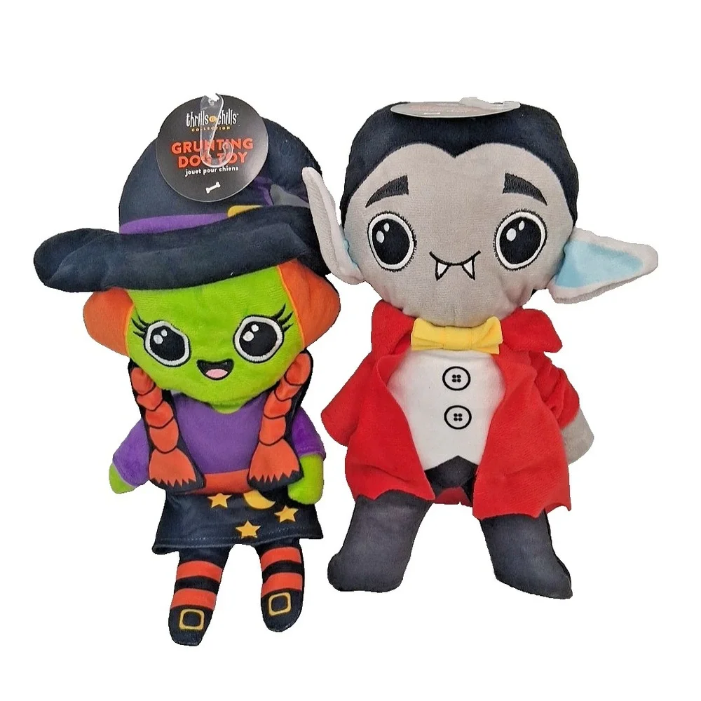Thrills and Chills Halloween Creepy Dog Grunting Chew Toy Vampire Witch Bundle